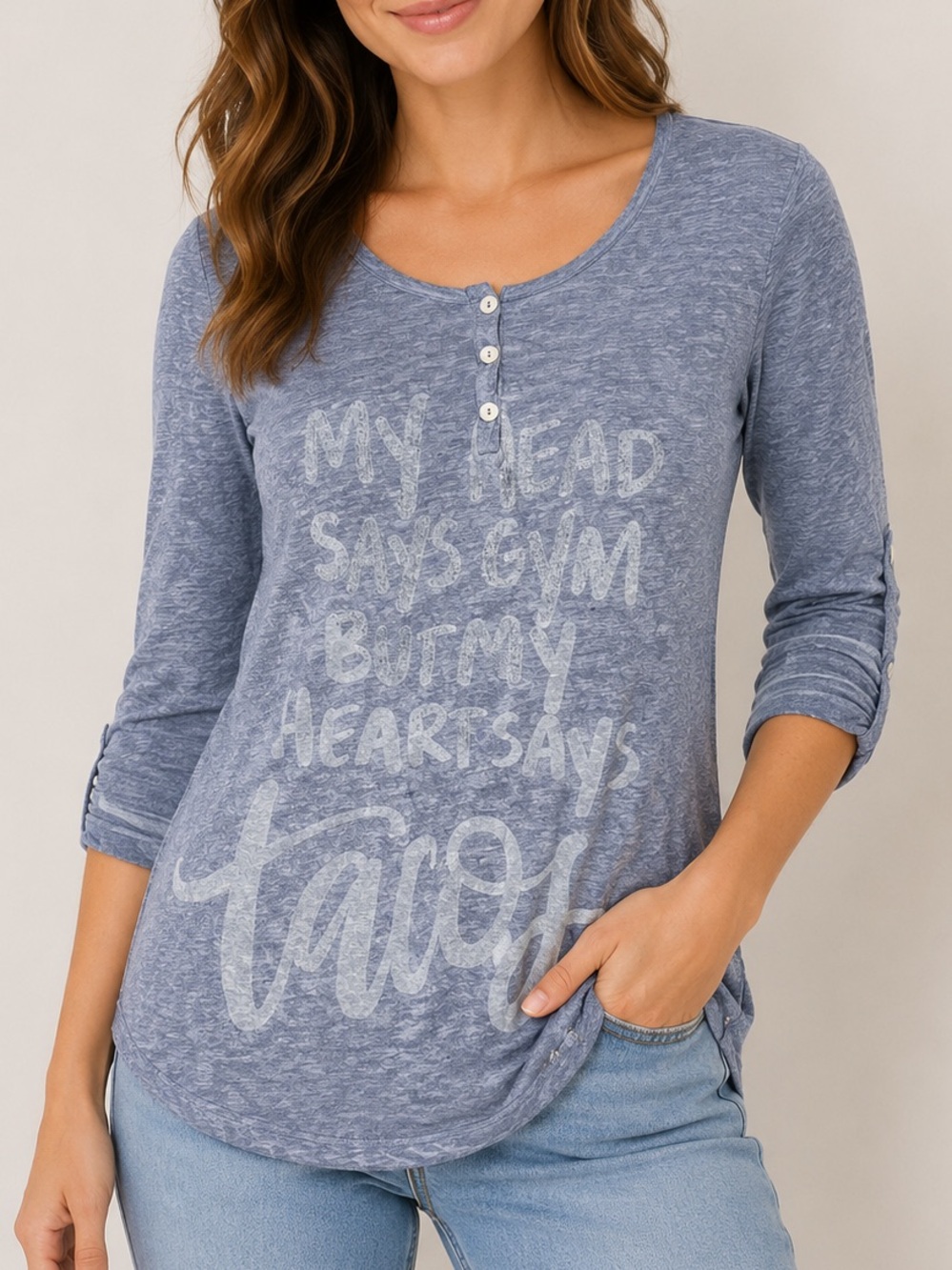 Point Zero “My Head Says Gym My Heart Says Tacos” Graphic 3/4 Sleeve Top Blue M